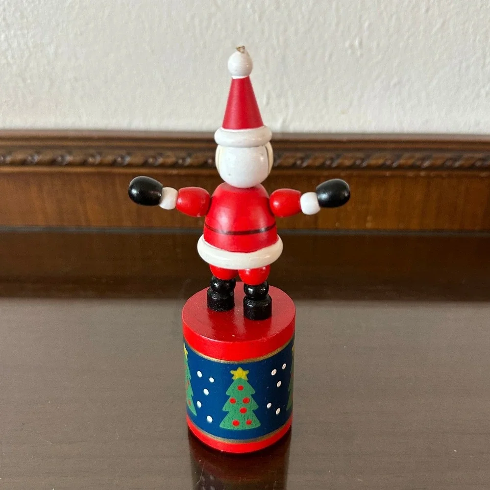 Vintage Wooden Santa Claus Push Puppet Christmas Toy Collapsible Dancing Figure